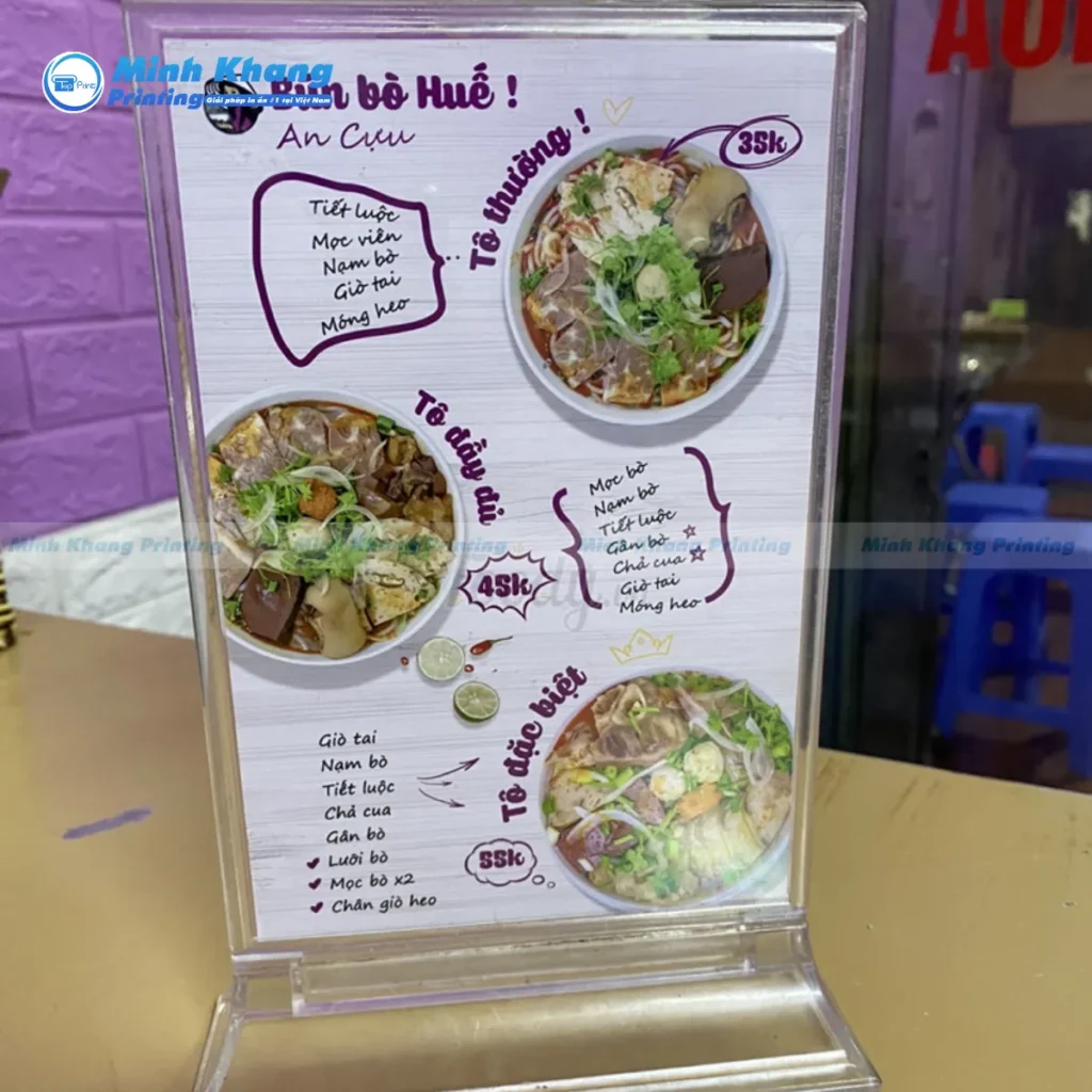 Mẫu menu micca hay còn gọi là standee mica bún bò để bàn tiện lợi