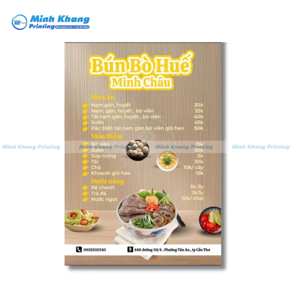 Mẫu thực đơn bún bò huế Minh Châu với hình ảnh chi tiết & đẹp