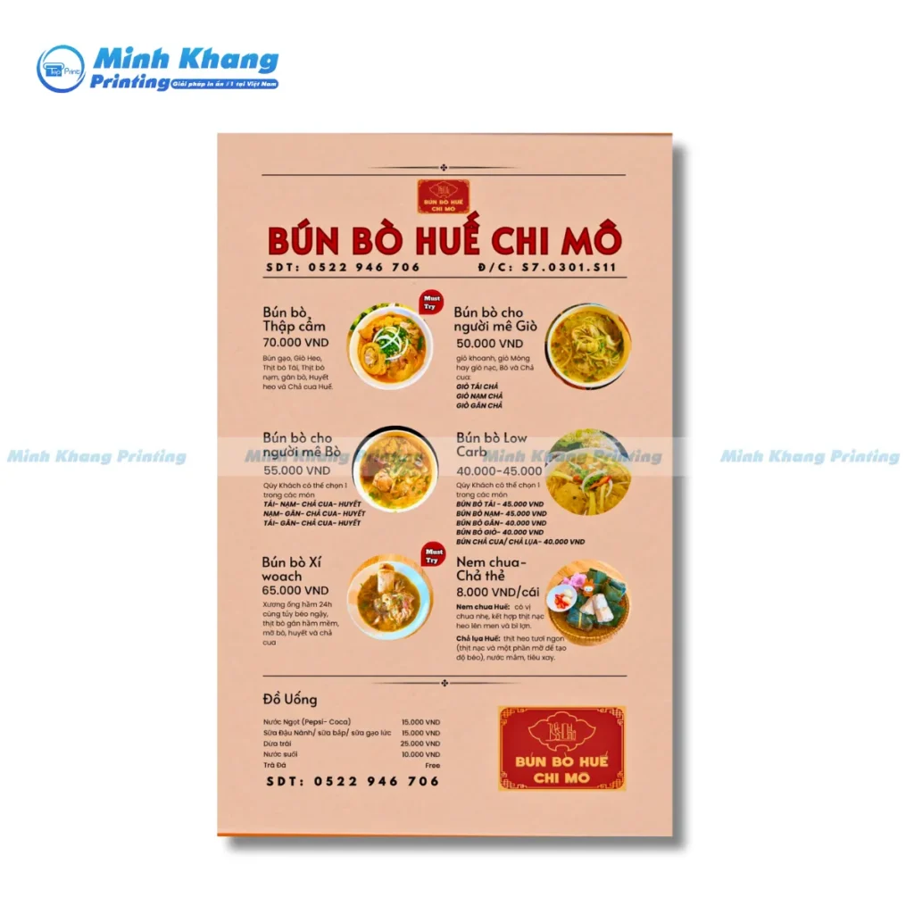 Mẫu menu bún bò huế Chi Mô độc lạ, dễ tạo sự tò mò