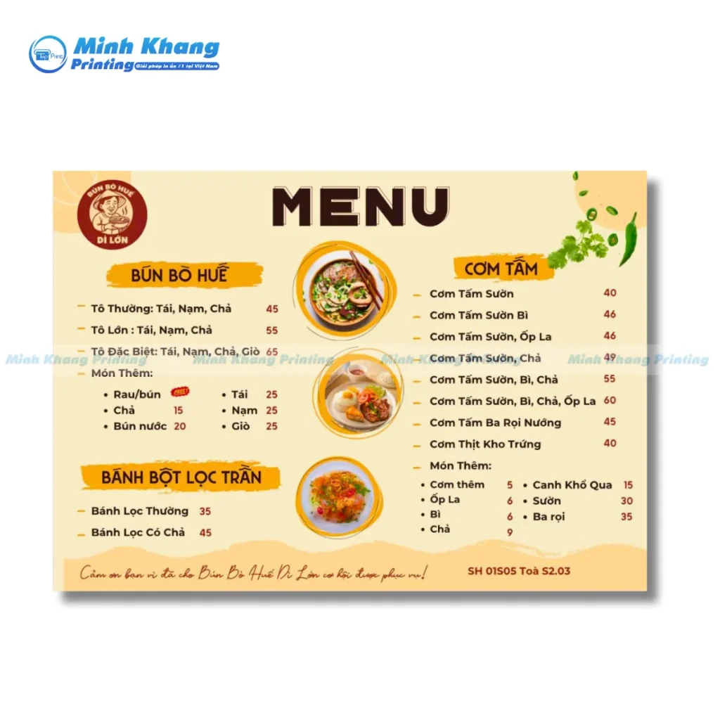 Lưu Ý Chọn Quy Cách In Menu Bún Bò