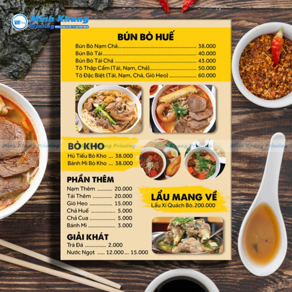Mẫu menu bún bò phong cách hiện đại in kỹ thuật số 