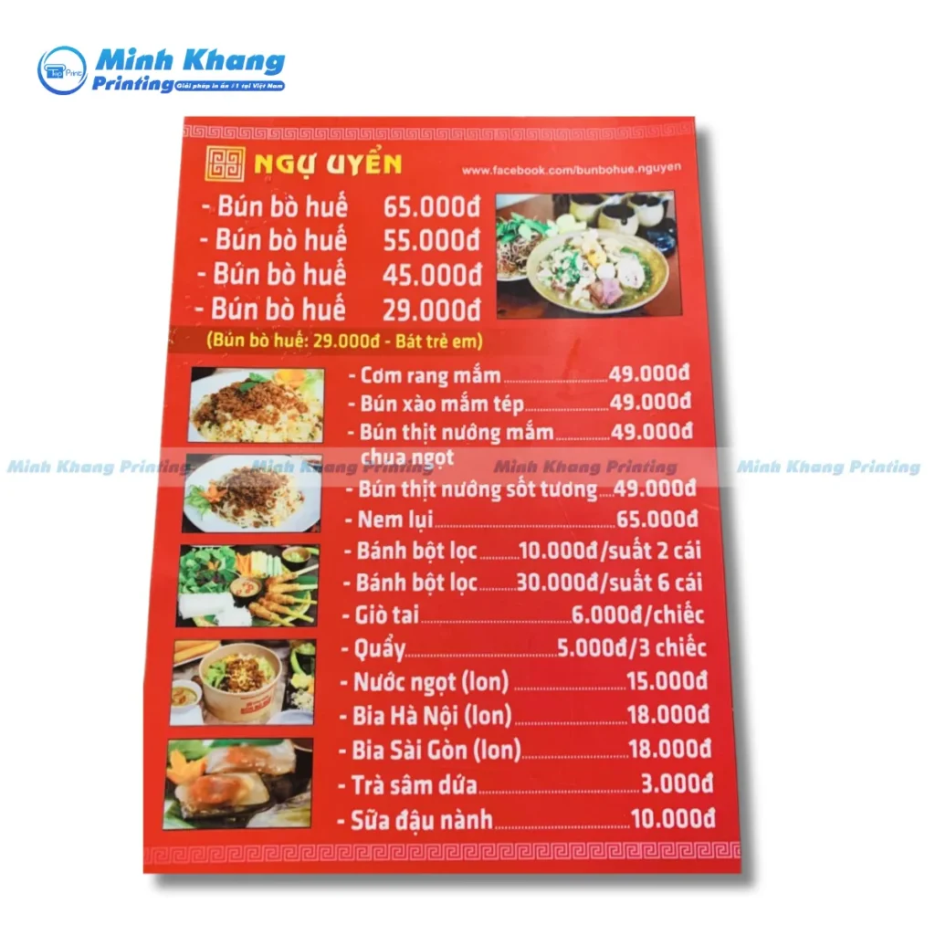Mẫu menu bún bò quán nhỏ phong cách truyền thống in formex chắc chắn 