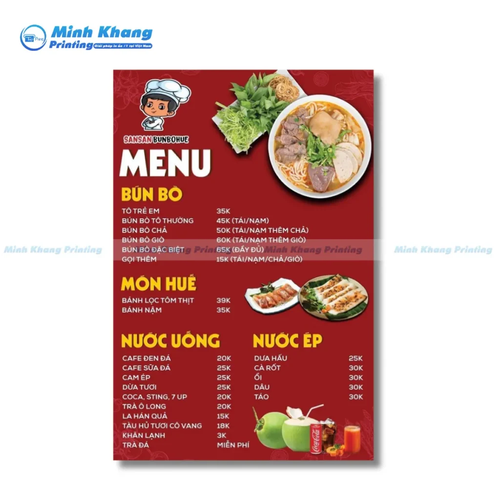 Mẫu mẫu menu bún bò đơn giản nhưng nổi bật