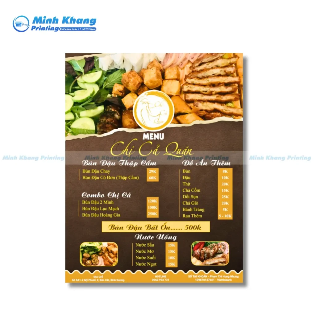 Mẫu menu bún đậu mắm tôm Chị Cả Quán
