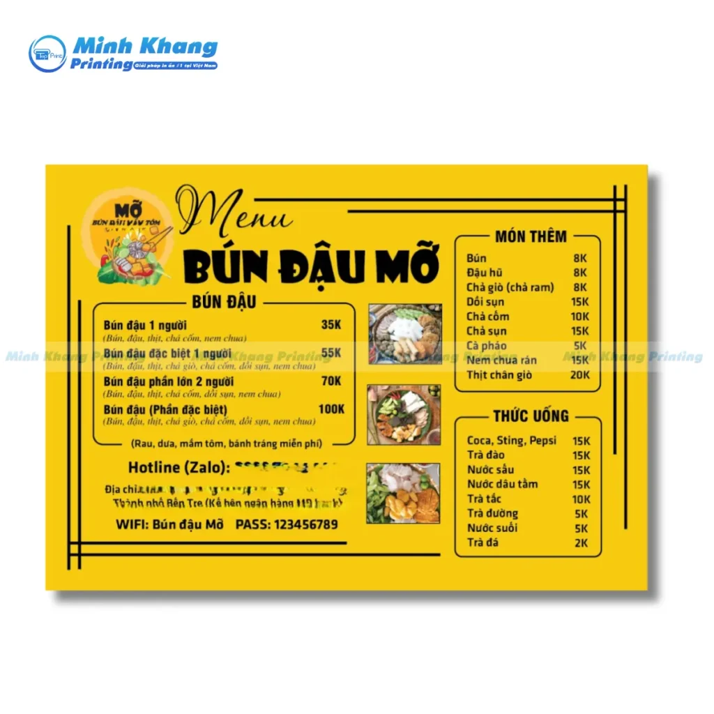 Mẫu menu quán bún đậu bình dân có hình ảnh minh họa rõ ràng