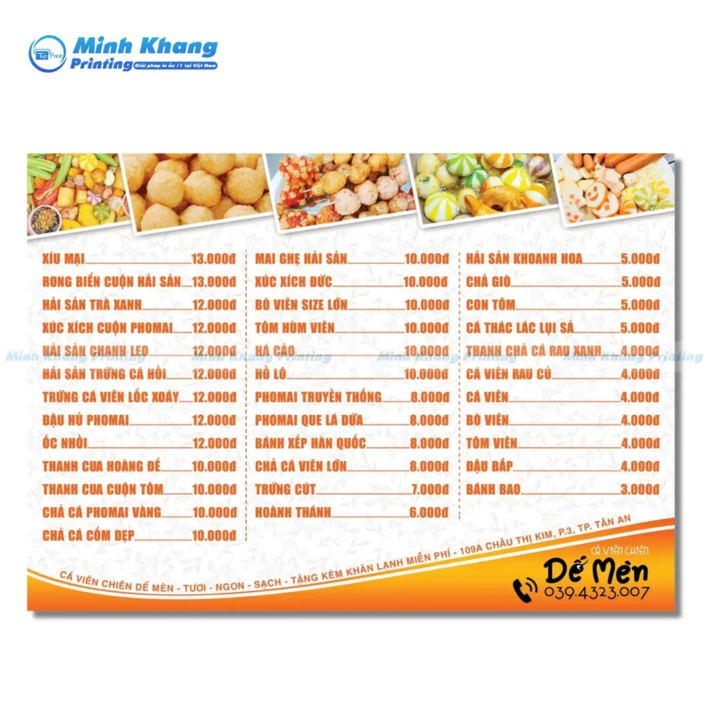 Mẫu menu quán cá viên chiên tươi, ngon, sạch Dế Mèn