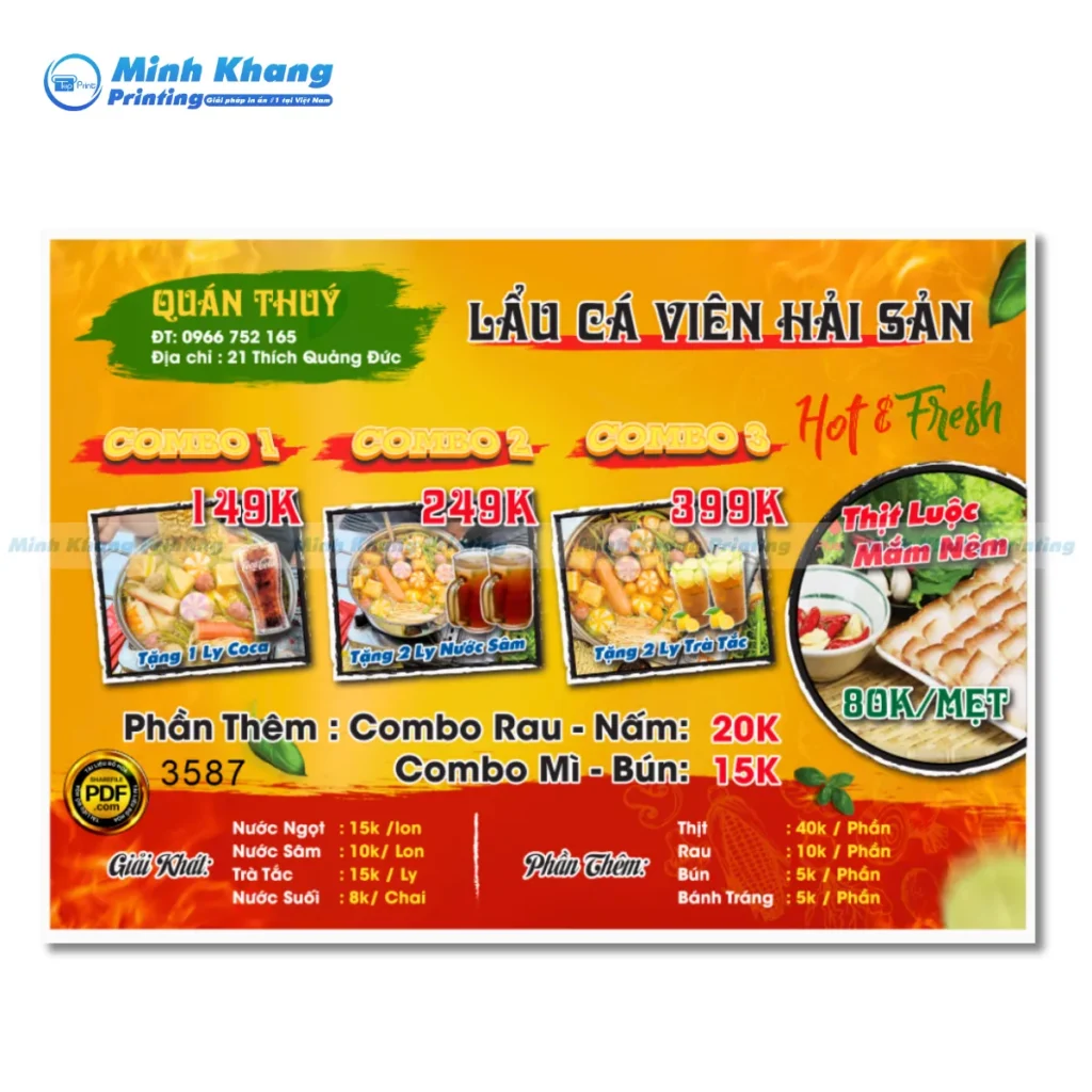 Mẫu menu cá viên chiên topping đa dạng, lẩu & combo cá viên 