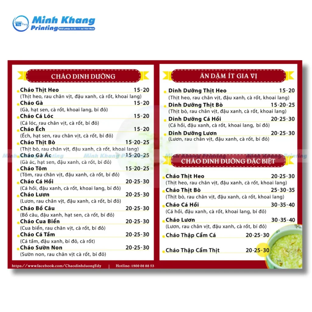 Mẫu menu cháo dinh dưỡng, ăn dặm cho trẻ nhỏ