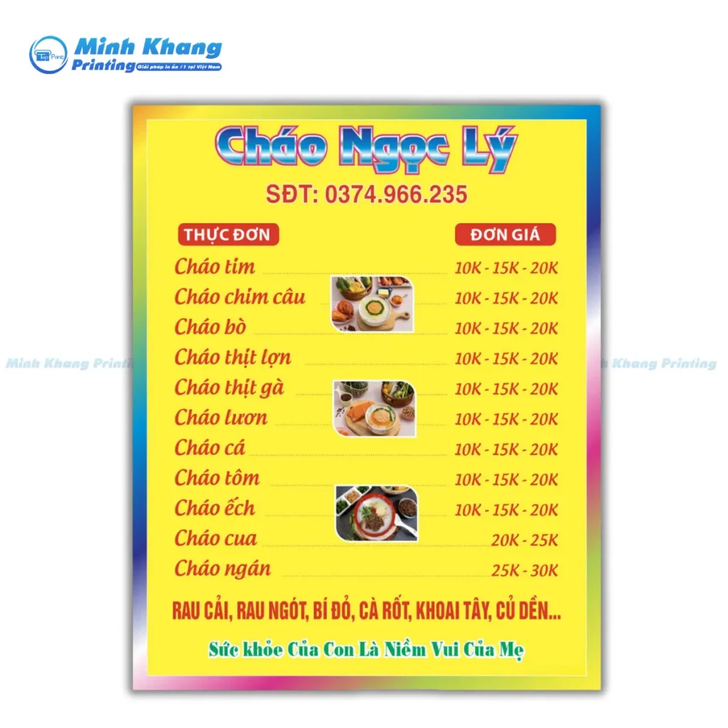 Mẫu menu cháo dinh dưỡng Ngọc Lệ đơn giản, bắt mắt