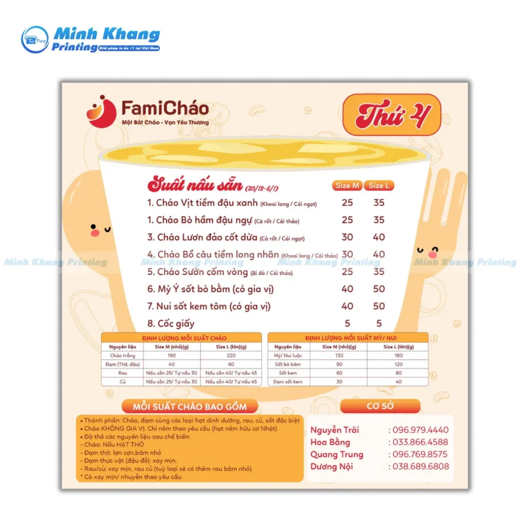 Mẫu menu cháo suất nấu sẵn Fami Cháo