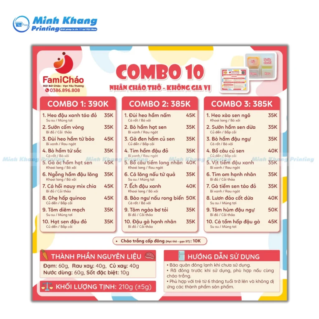Mẫu menu combo Fami cháo có ghi giá cả, thành phần nguyên liệu