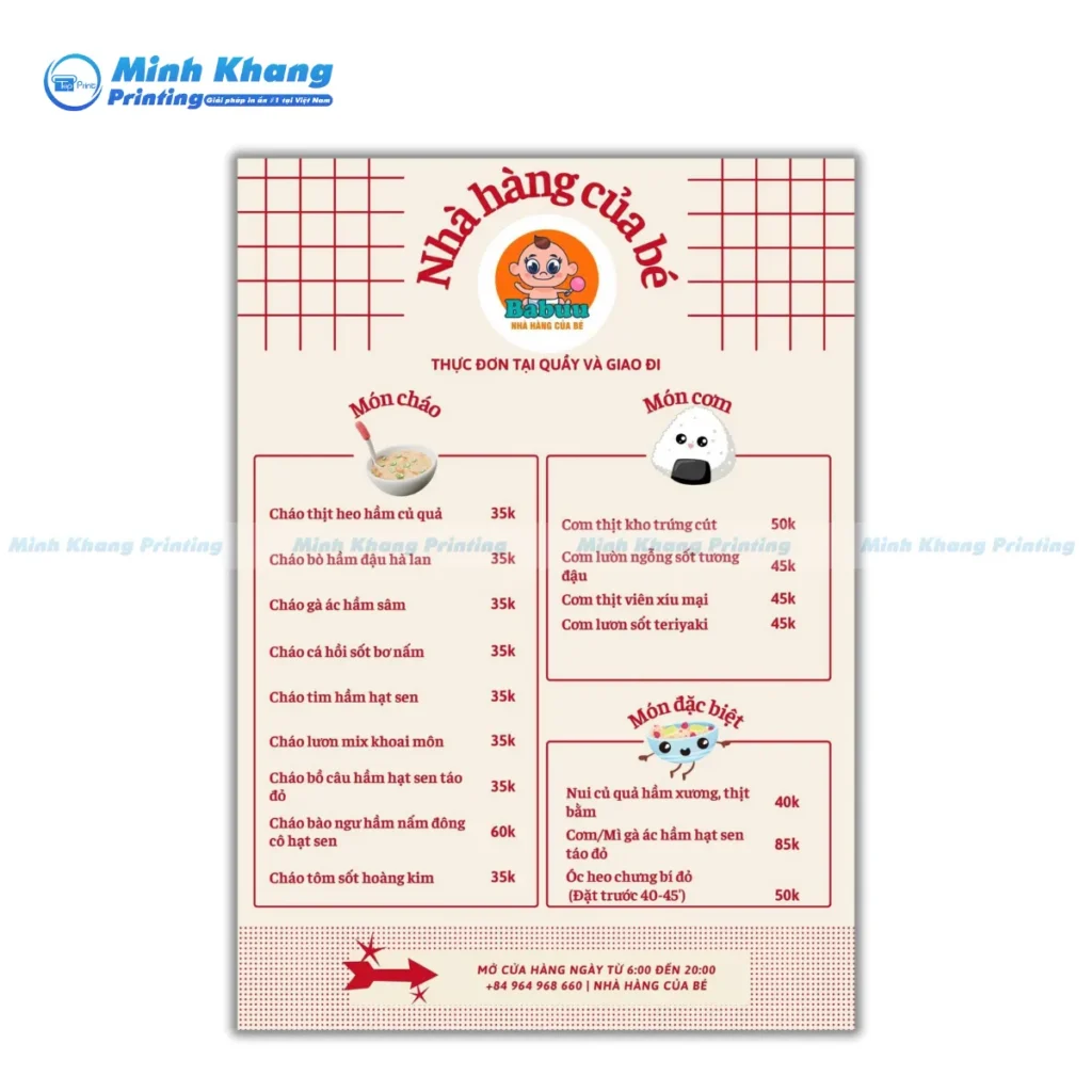 Mẫu thực đơn cháo Babuu nhà hàng của bé
