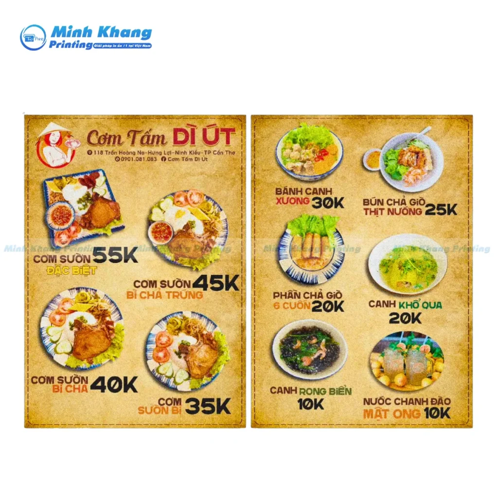 Mẫu menu cơm tấm Dì Út in chất liệu giấy graft độc đáo