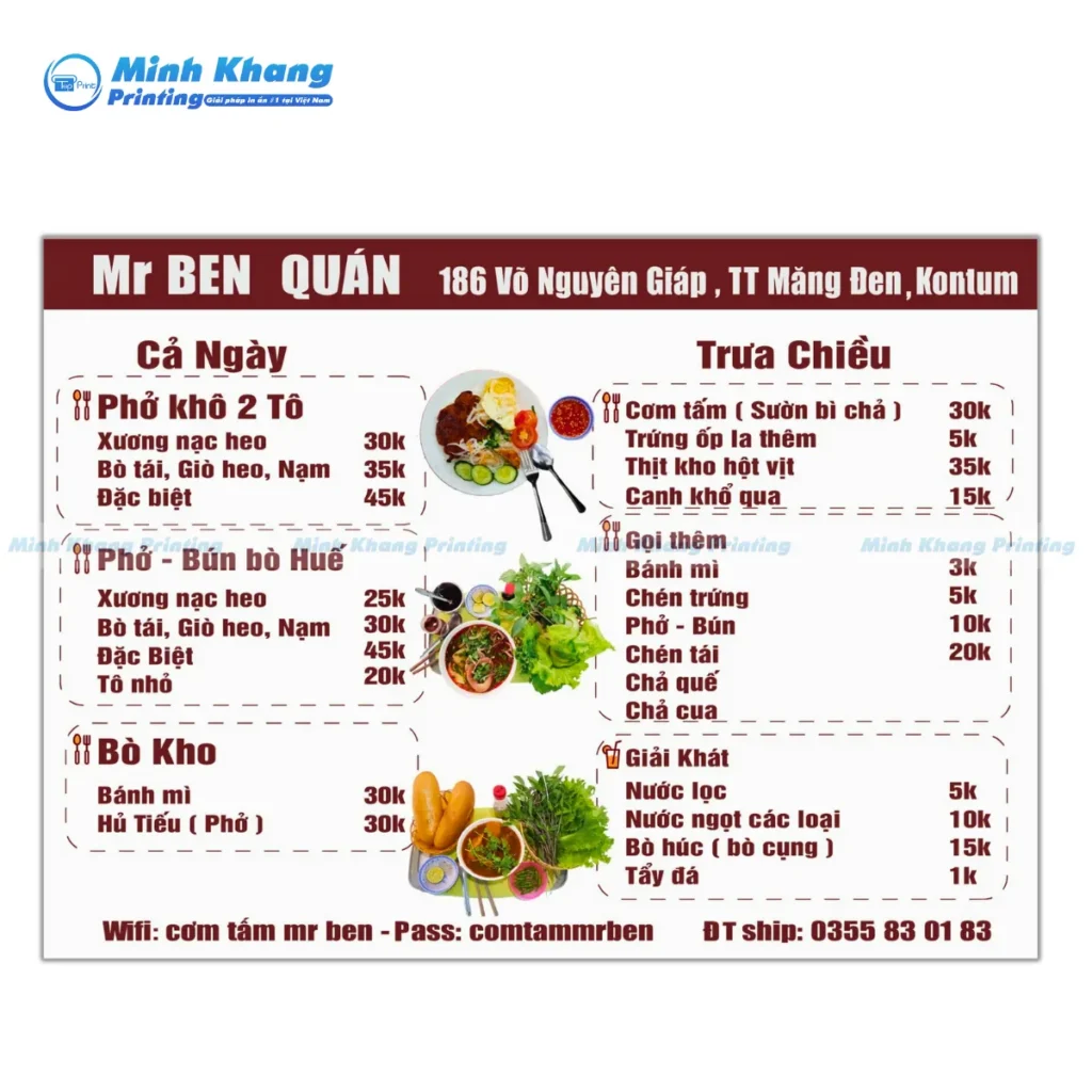 Mẫu menu cơm tấm đẹp Mr Ben Quán in kỹ thuật số, số lượng ít