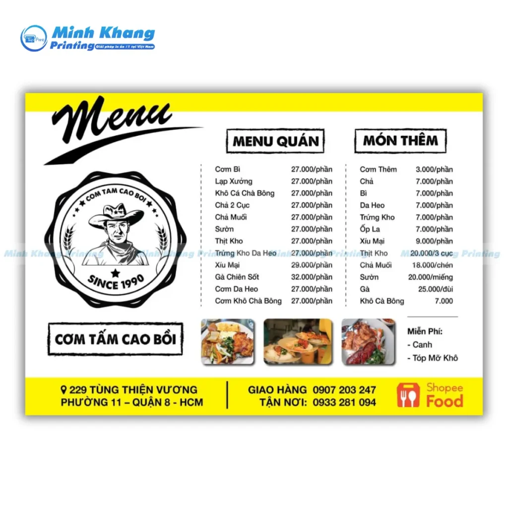 Mẫu menu cơm tấm hiện đại Cơm Tấm Cao Bồi since 1990