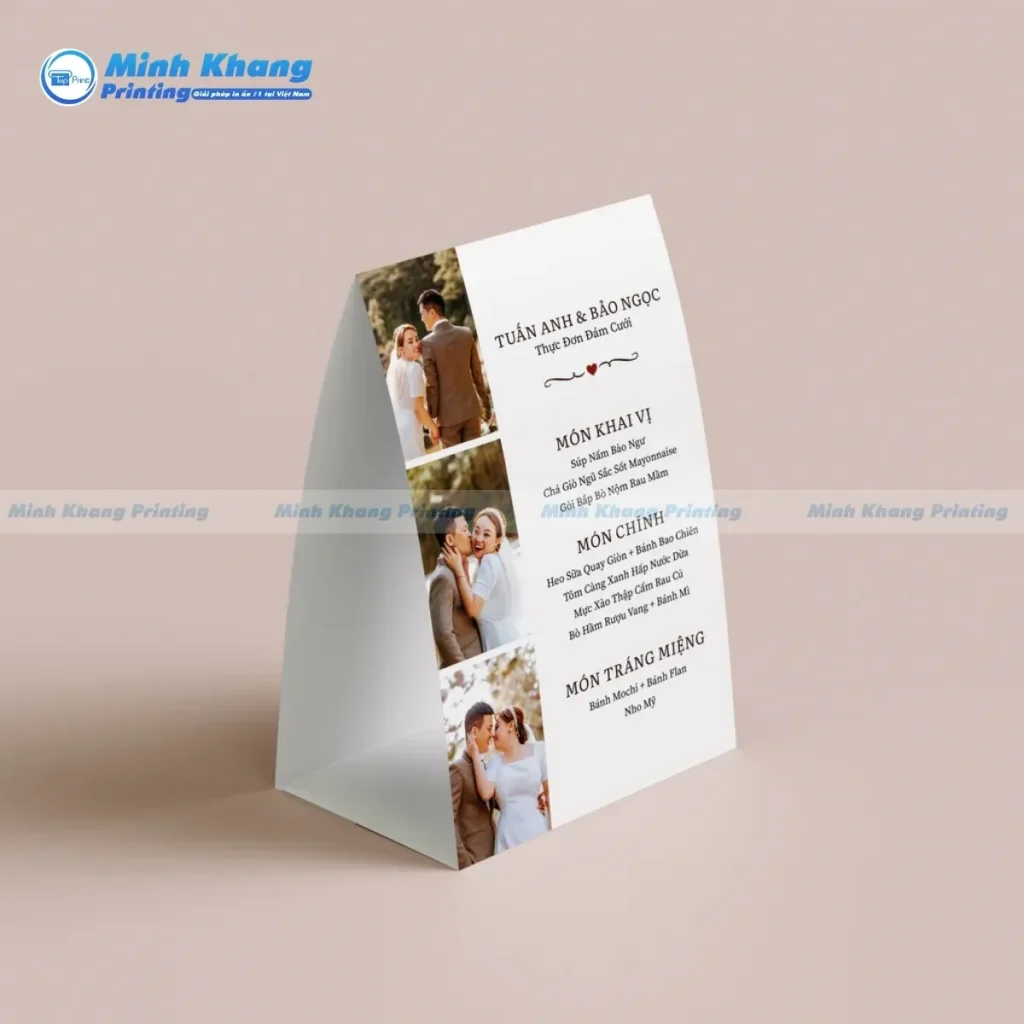 Mẫu menu đám cưới để bàn cao cấp, in hình cô dâu chú rể