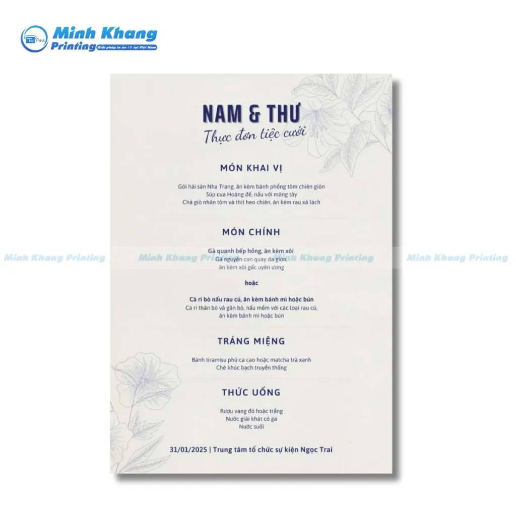 Mẫu menu thực đơn đám cưới màu be phong cách châu âu in số lượng ít - in kỹ thuật số