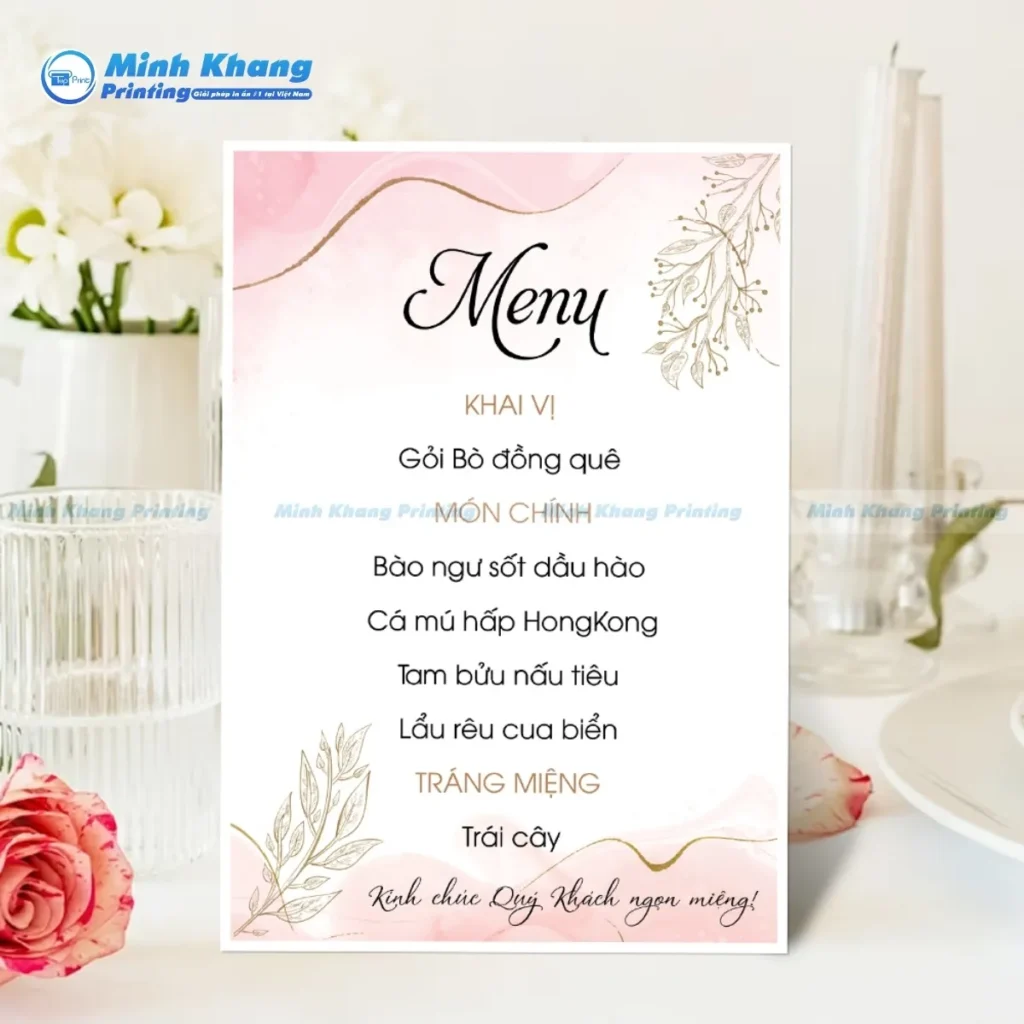 Mẫu menu tiệc cưới đẹp, sang trọng, có gu in giấy couches