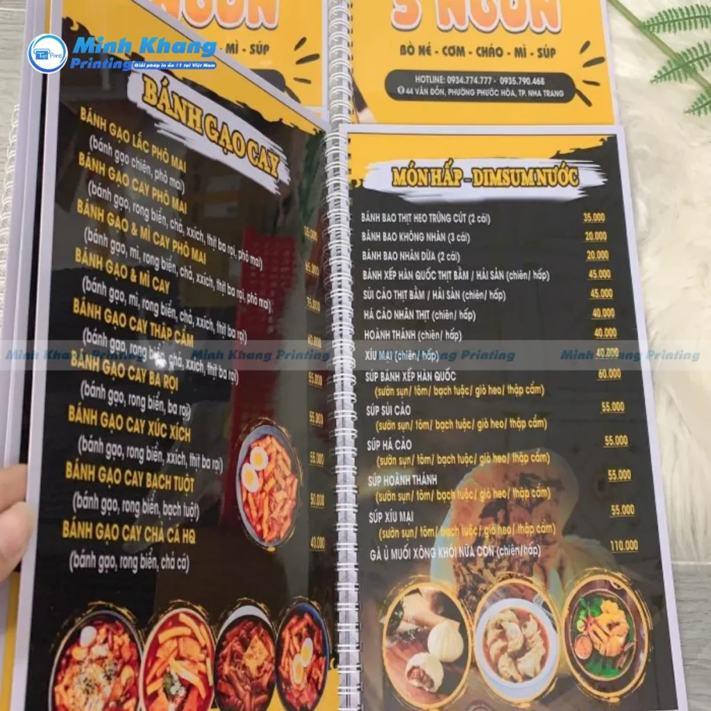 Mẫu menu quán ăn vặt nhiều trang đóng lò xò dễ lật 