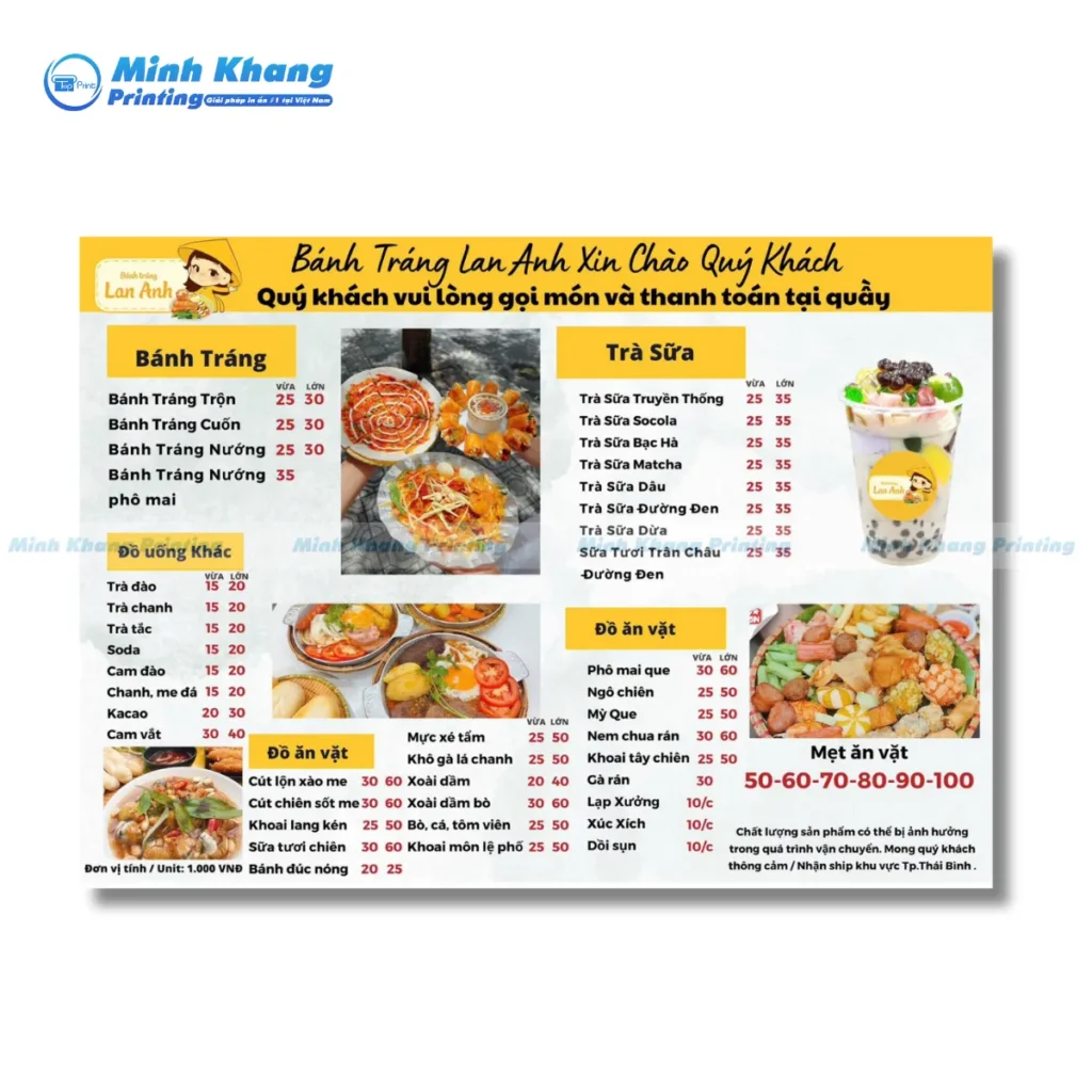 Mẫu menu quán ăn vặt cho học sinh sinh viên giá rẻ
