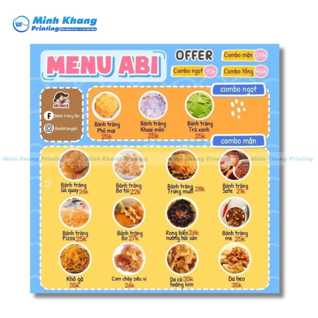 Mẫu menu quán ăn vặt độc lạ bánh tráng ABI 