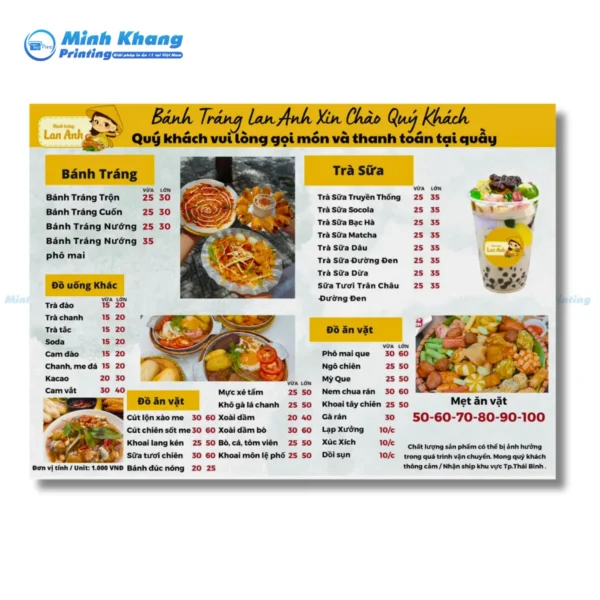 Mẫu menu quán ăn vặt cho học sinh sinh viên giá rẻ