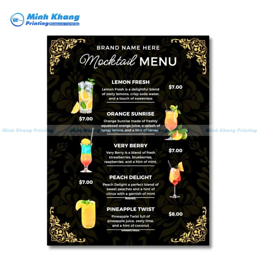 Mẫu menu quán bar đứng kích thước A4 thông dụng dễ cầm