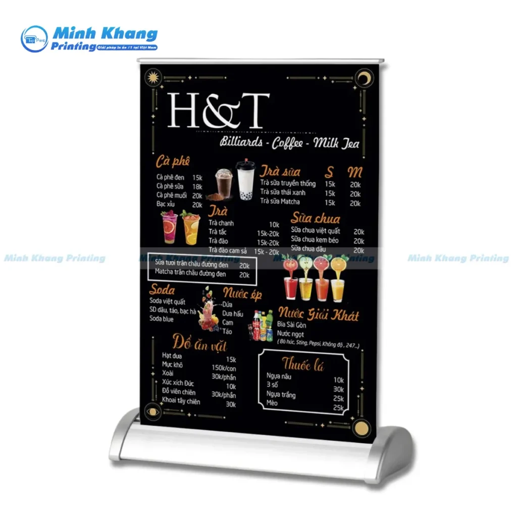Mẫu menu để bàn menu standee quán bida vừa trang trí vừa thu hút khách ngay khi bước vào quán