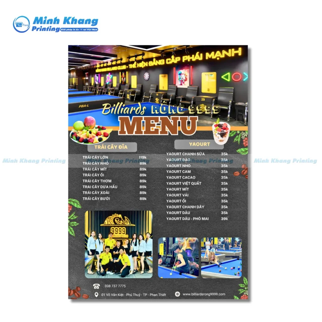 Mẫu Menu Quán Bida Rồng 9999, thực đơn món ăn