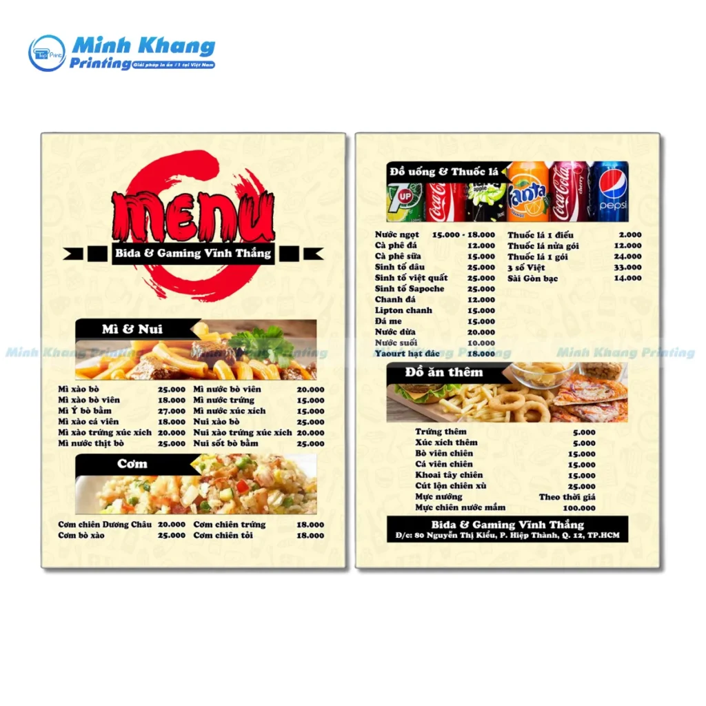 Mẫu menu bida & gaming Vĩnh Thắng in offset giá rẻ
