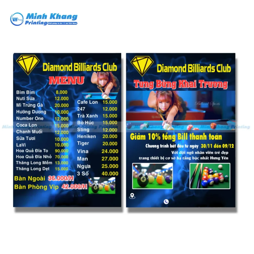 Mẫu menu đồ uống quán bida Diamond Billiards Club