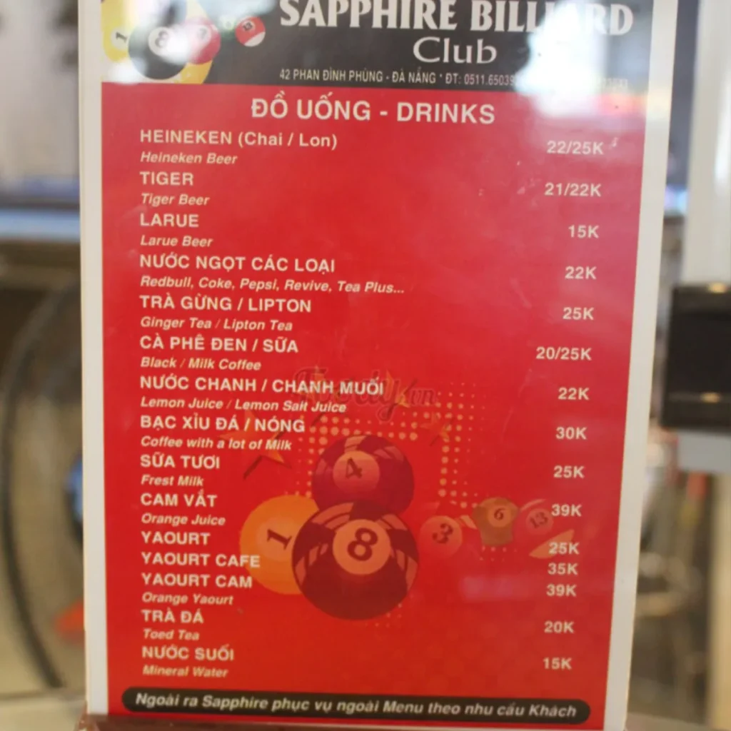 Mẫu menu quán bida hiện đại – sang trọng sử dụng tông màu đen, vàng, đỏ mạnh mẽ