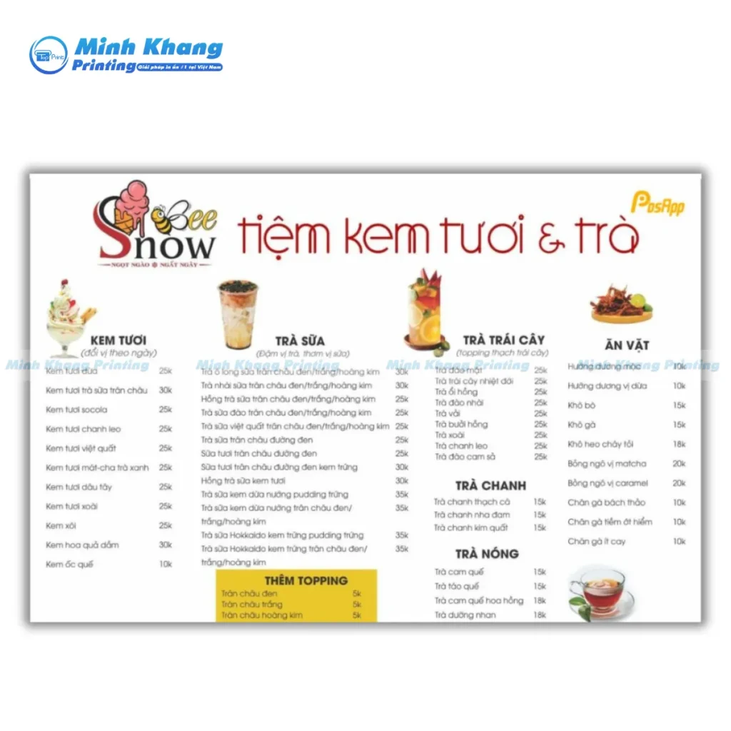 Mẫu menu tiệm kem tưới & trà Snow Bee