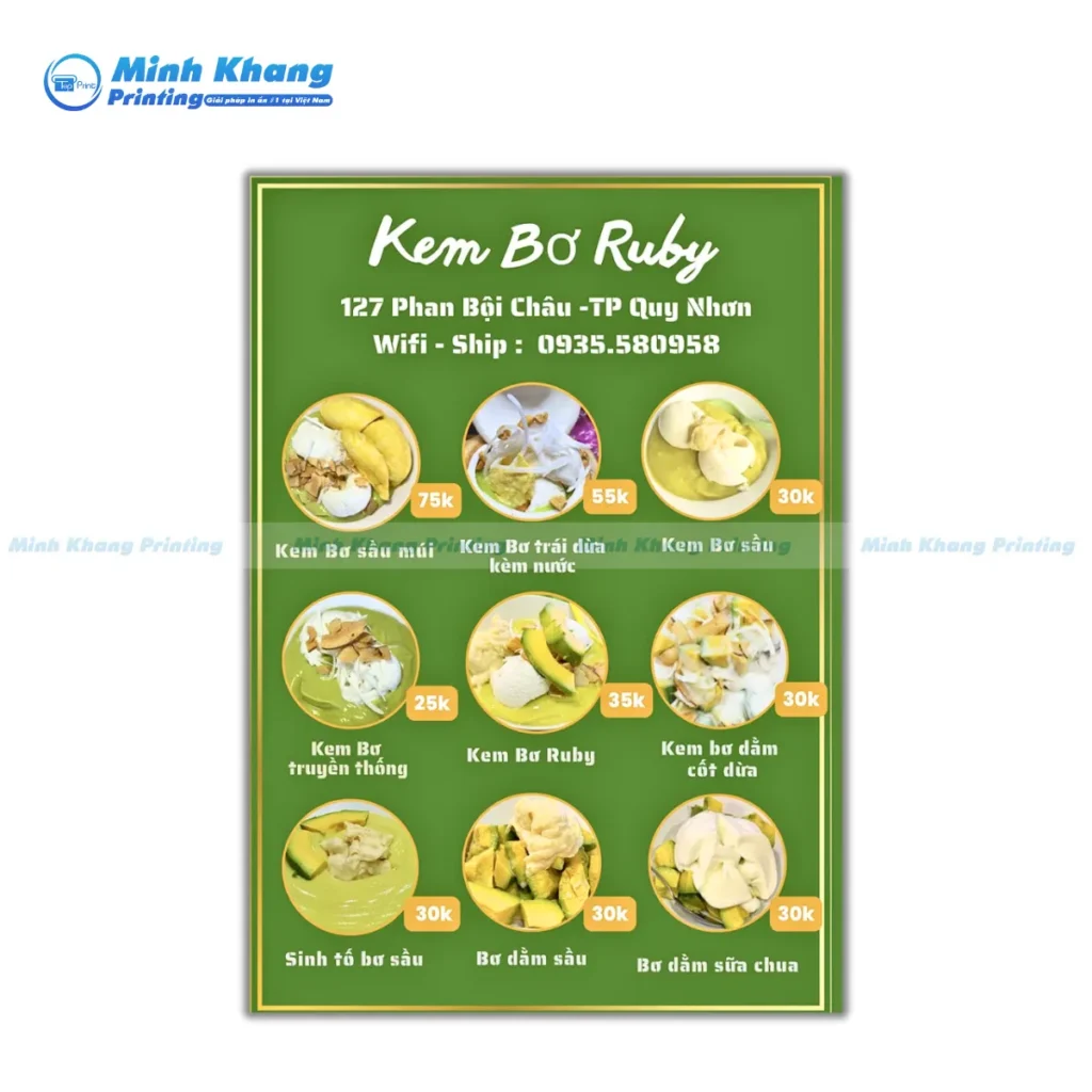 Mẫu menu kem ly, kem trái cây, kem ly Bơ Ruby