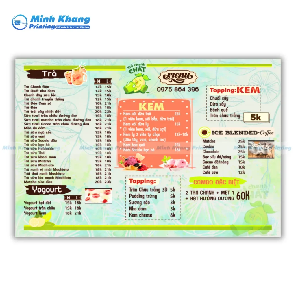 Mẫu menu quán kem hiện đại có các thức uống khác như trà, yagourt