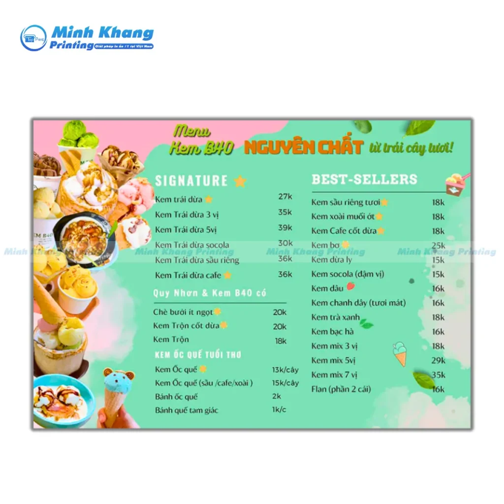 Mẫu menu quán kem dễ thương B40 kem nguyên chất từ trái cây
