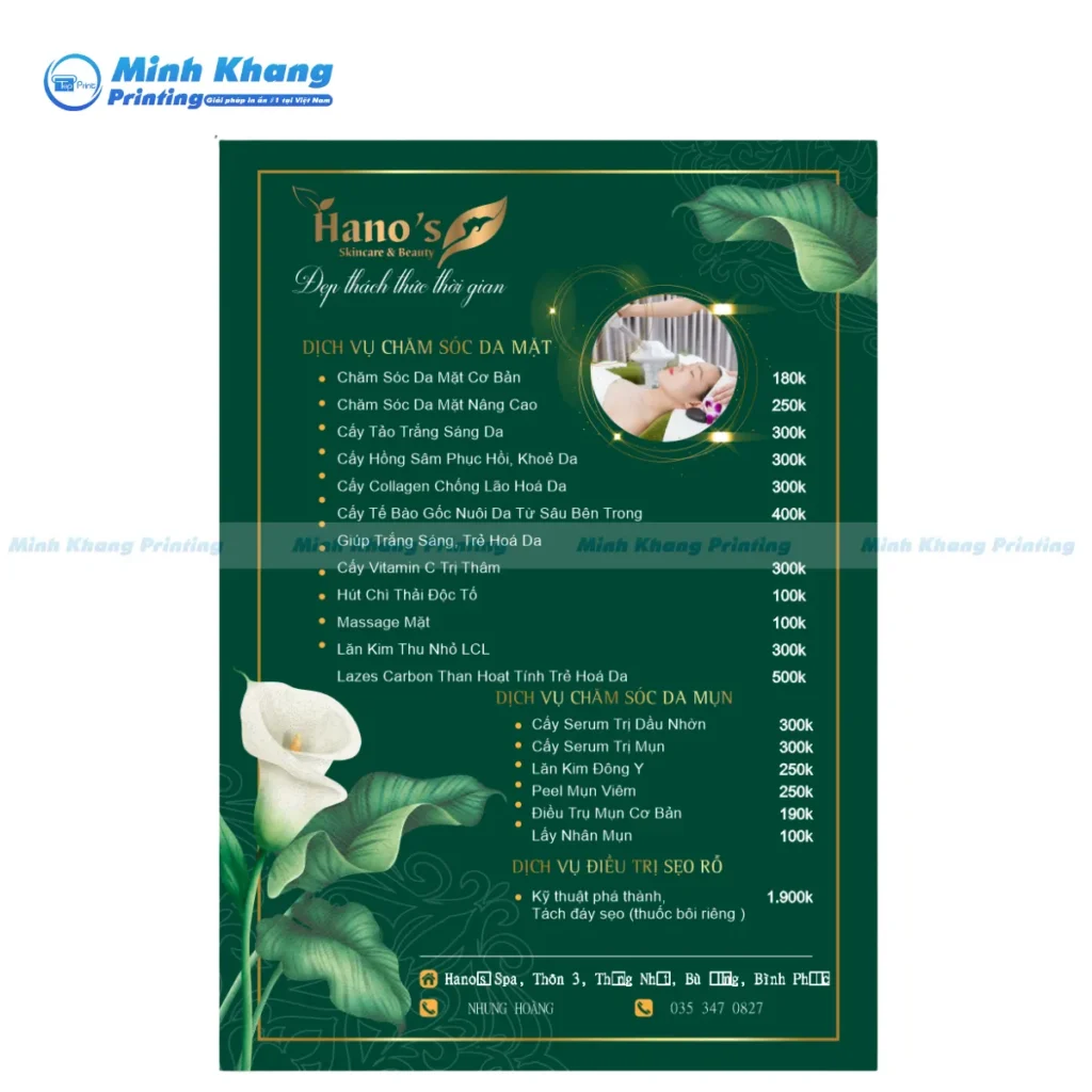 Mẫu menu spa thiết kế xanh lá in formex phù hợp cầm tay