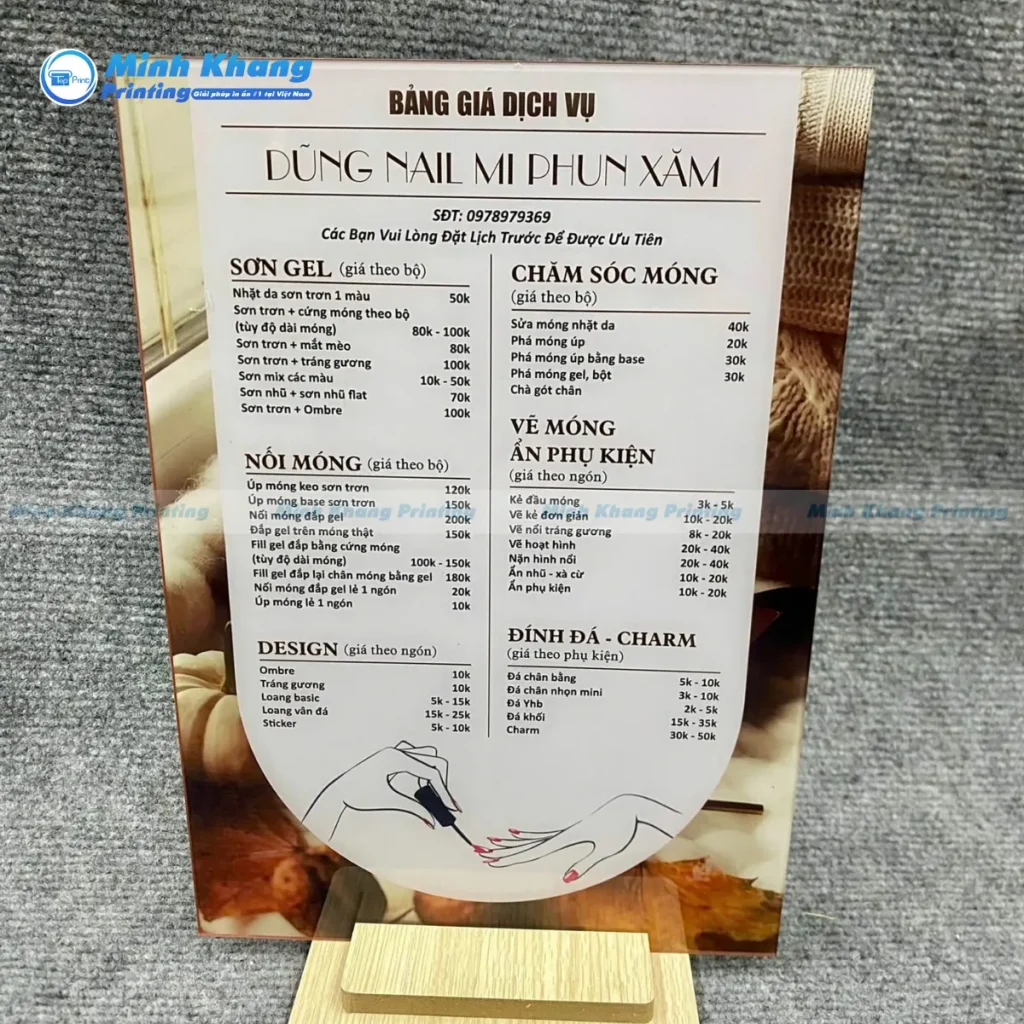 Mẫu menu bảng giá dịch vụ nail bồi nhựa sang trọng để bàn