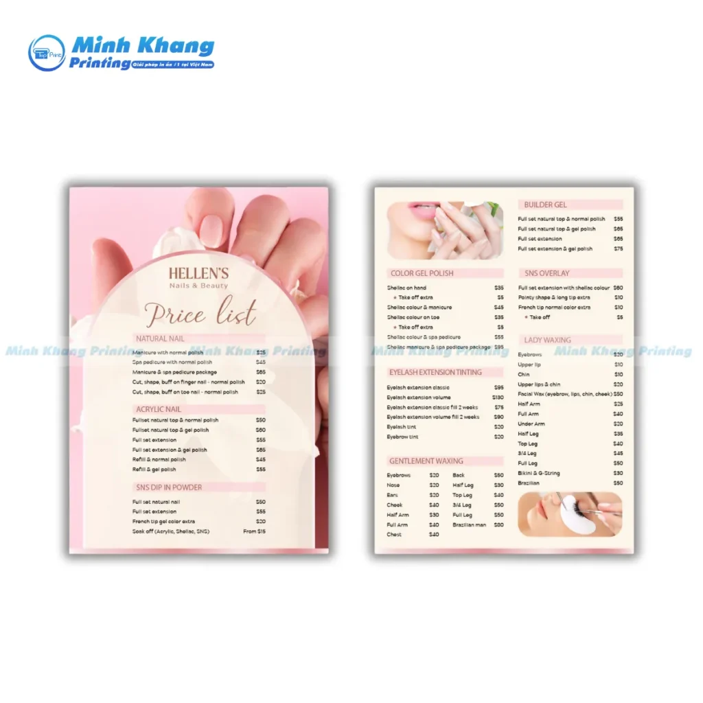 Mẫu menu tiệm nail spa gội đầu màu hồng ngọt ngào, trẻ trung