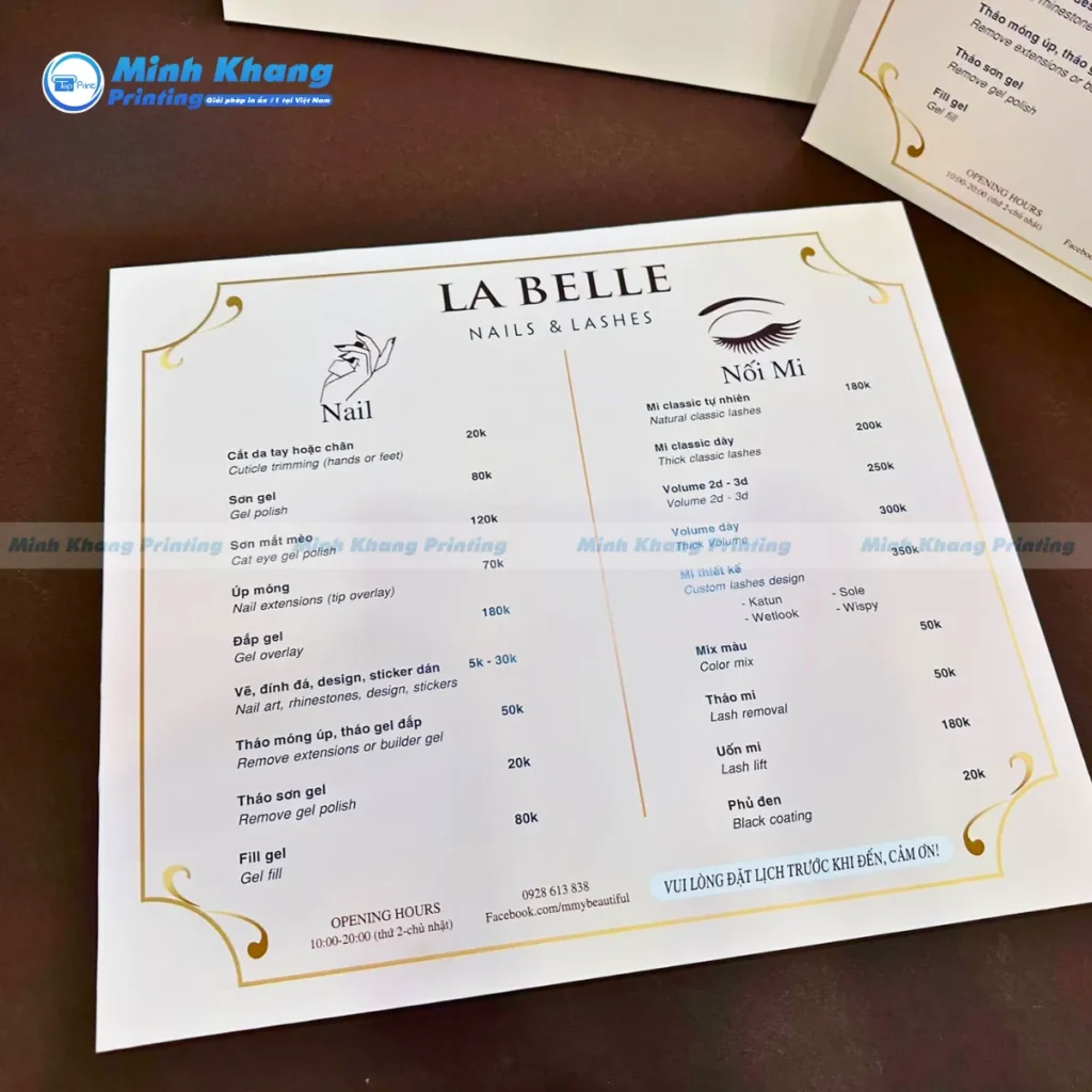 Mẫu menu bồi formex cho tiệm nail & nối mi La Belle