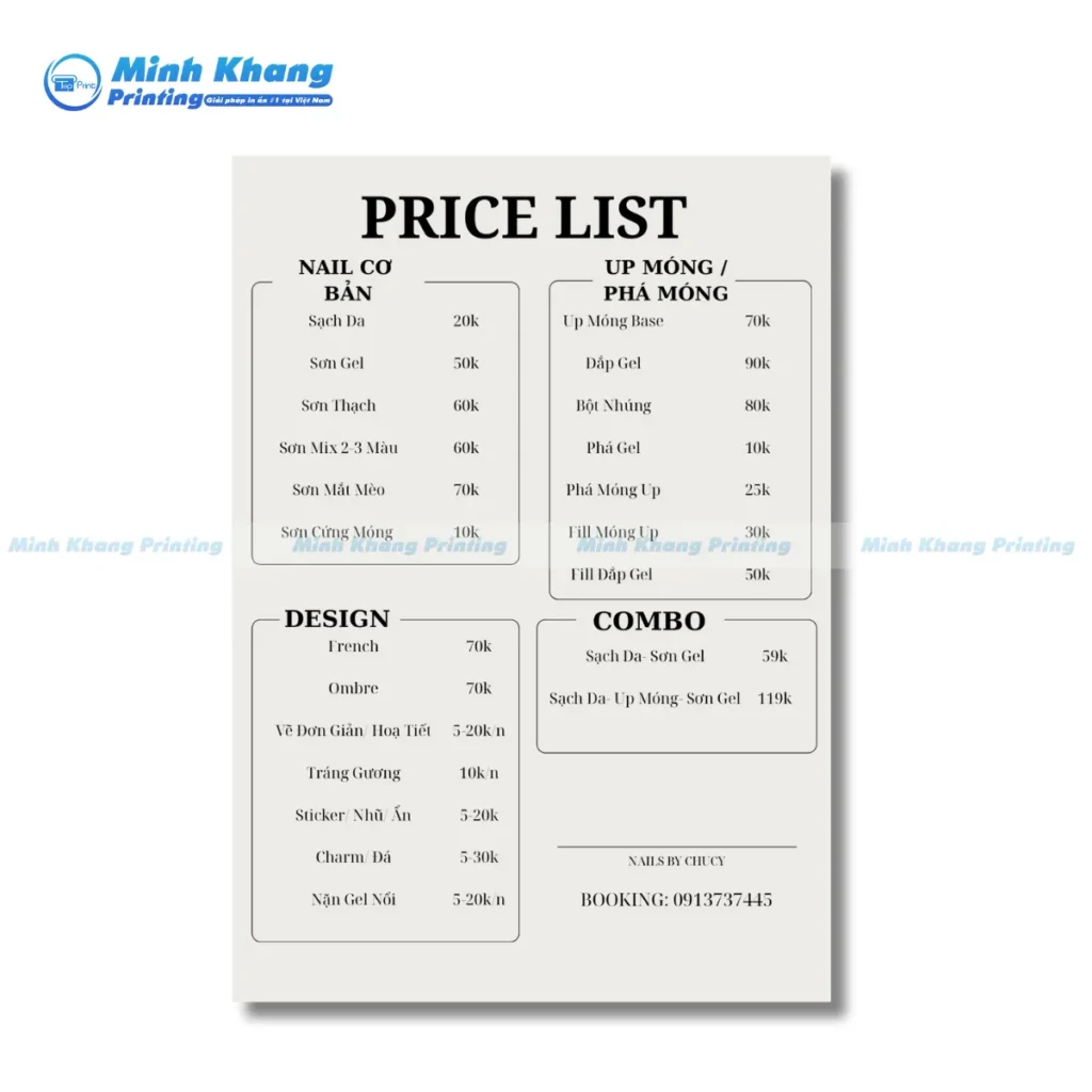 Mẫu menu tiệm nail đơn giản in bằng giấy mỹ thuật tạo vân hiệu ứng