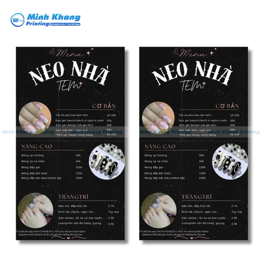 Mẫu menu tiệm nail Neo Nhà Tem đơn giản đa dạng hình cho từng loại dịch vụ