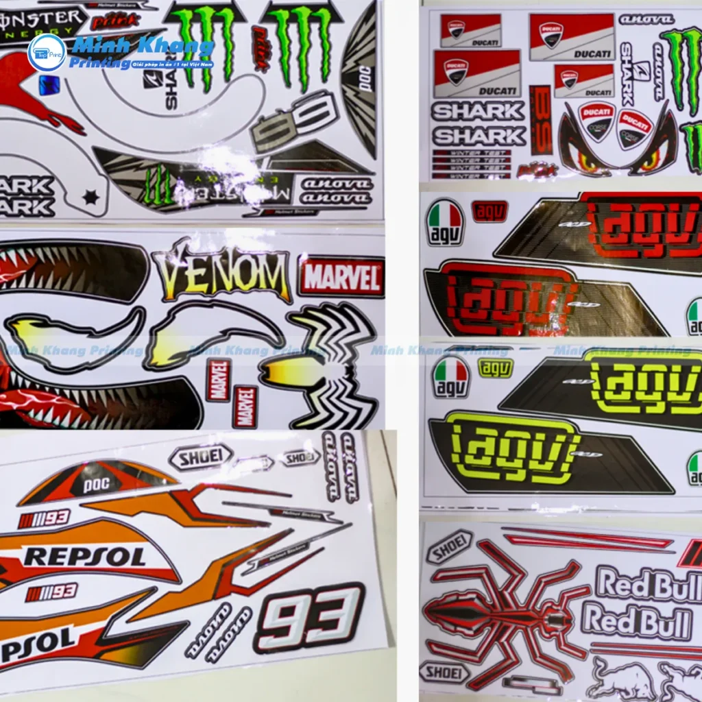 Mẫu tem trùm REPSOL, Red Bull dán mũ bảo hiểm chất liệu decal
