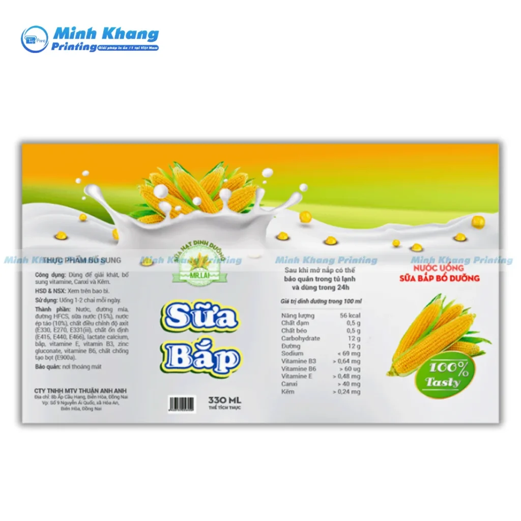 Mẫu tem nhãn sữa bắp chuyên nghiệp in thành phần, nguồn gốc,... rõ ràng