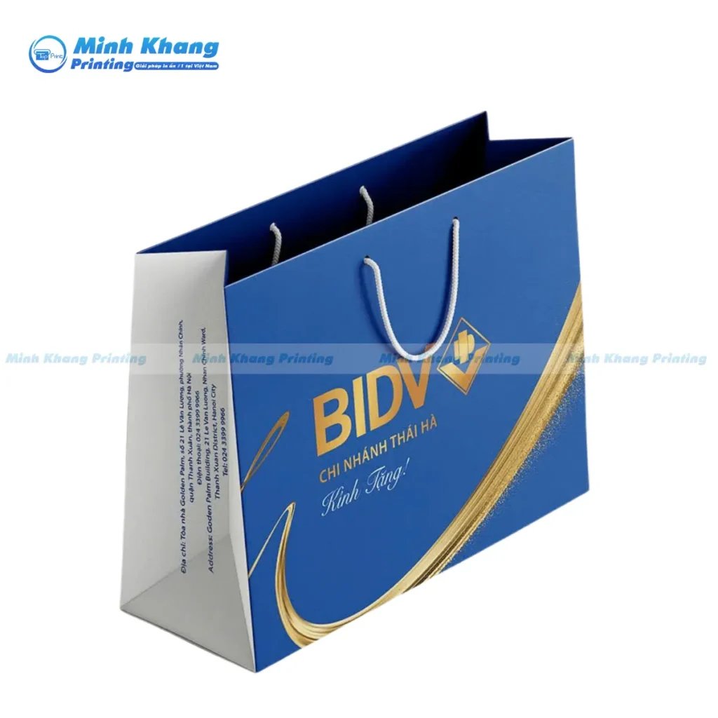 Mẫu túi giấy màu xanh dương BIDV in ép kim vàng logo sang trọng