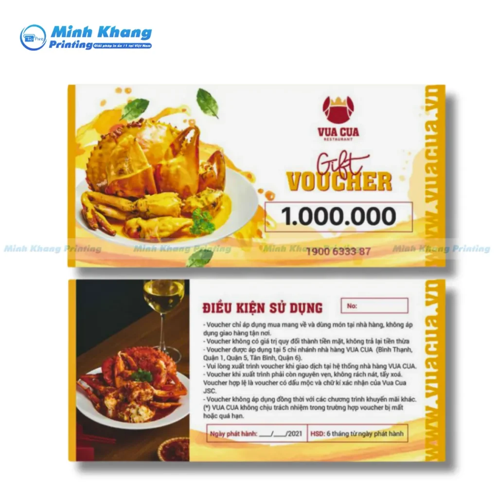 Mẫu gift voucher nhà hàng vua cua 1.000.000 VND kích thước 10 x 20 cm