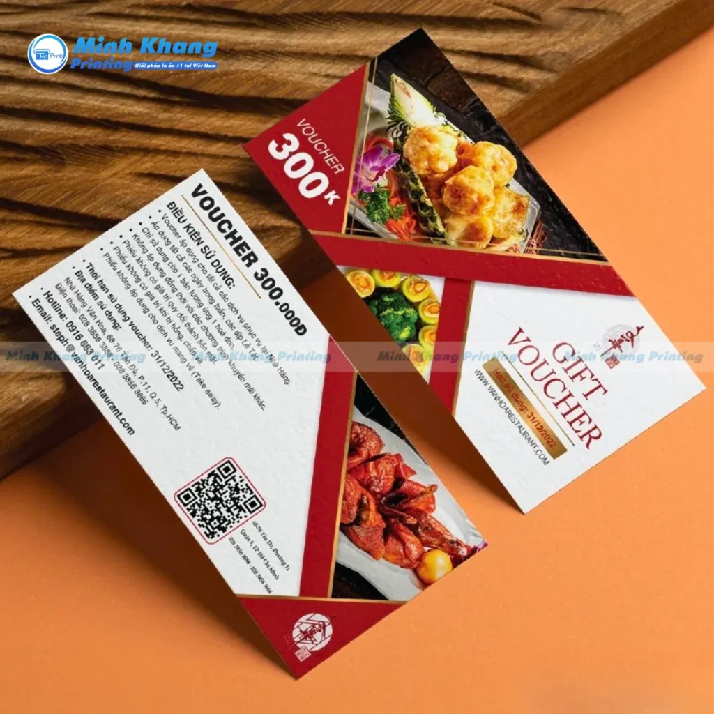 Mẫu phiếu quà tặng 300.000 VNĐ nhà hàng Vanh Hoa in chất liệu giấy C250gsm