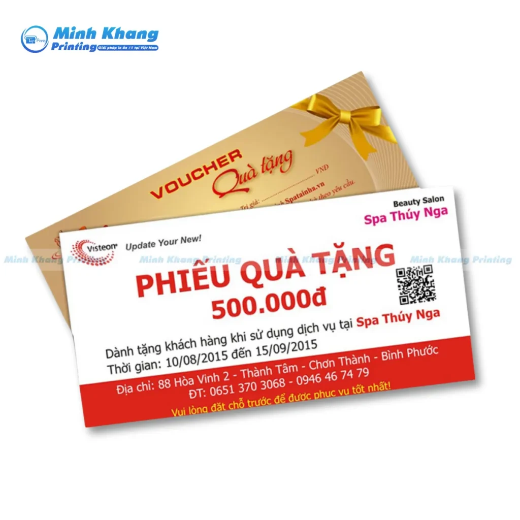 Mẫu phiếu quà tặng 500.000đ  in chất liệu giấy couche Spa Thúy Nga