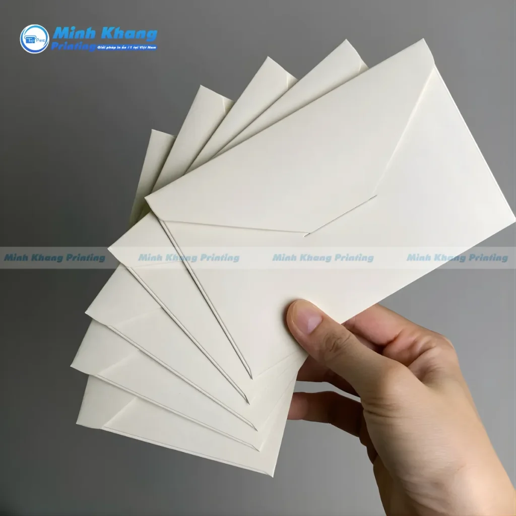 Mẫu bao thư trắng nắp tam giác kích thước 16x11cm giấy kraft trắng ngà
