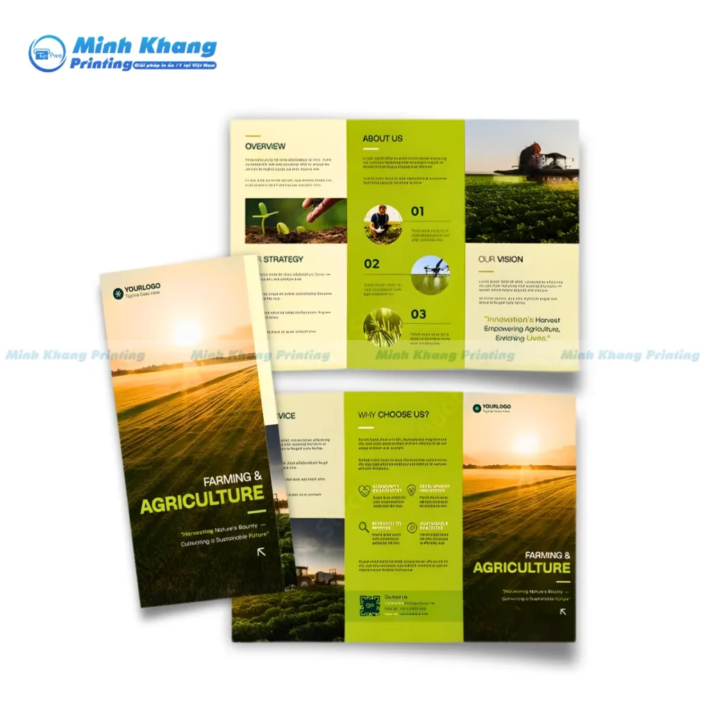 Mẫu brochure phân bón hữu cơ tối giản, tập trung hình ảnh lá cây xanh và thông tin thành phần tự nhiên